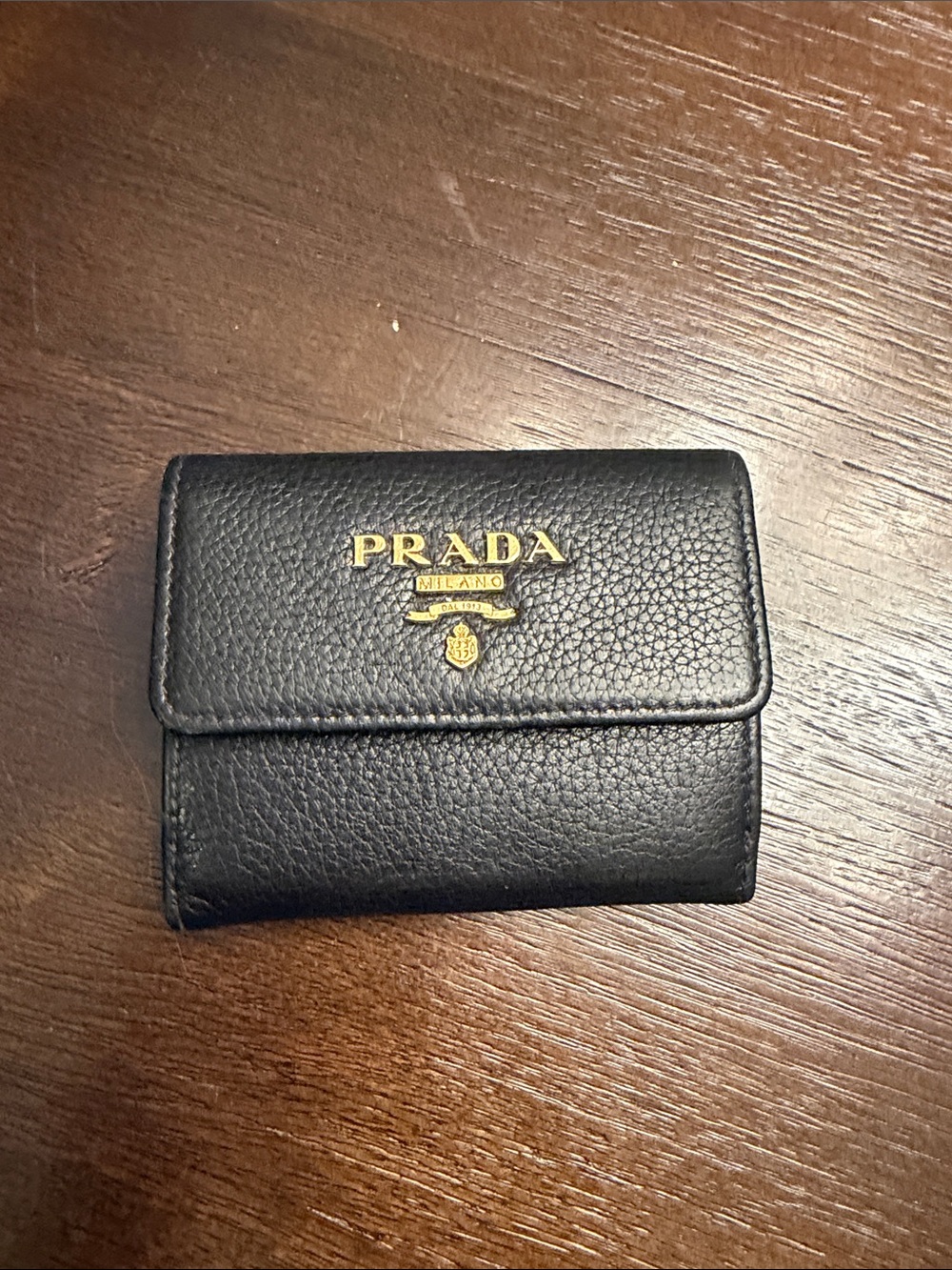 Authentic Prada Black Leather Card Holder with Gold Logo